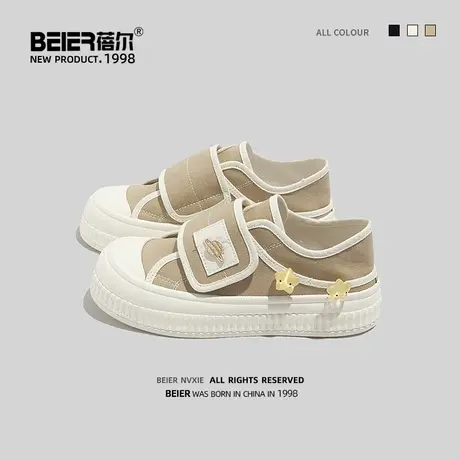 蓓尔两穿魔术贴帆布鞋女2023春夏季新款百搭一脚蹬懒人小白鞋子女商品大图