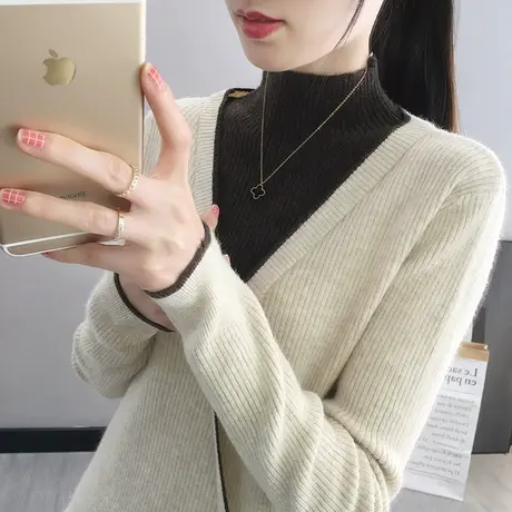 2023春秋新款韩版宽松半高领拼接套头长袖毛衣打底衫女士纽扣上衣商品大图