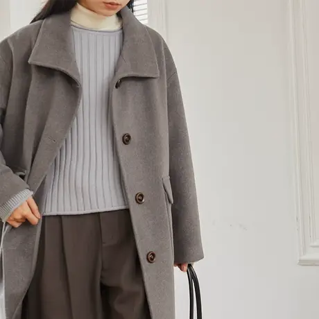 omont蛋挞家 复古翻领毛呢外套女中长款廓形显瘦气质呢大衣秋冬季商品大图