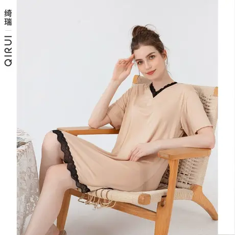 绮瑞女款睡裙夏季莫代尔薄款优雅睡衣女士夏款蕾丝边中长款连衣裙商品大图