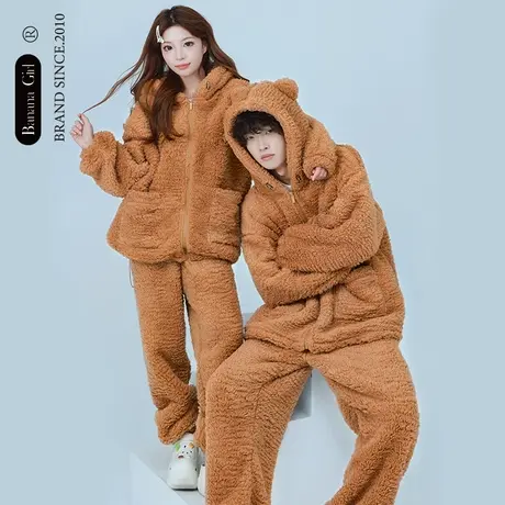 Bananagirl睡衣冬季女加绒加厚珊瑚绒卡通大码家居服男冬季厚睡衣商品大图