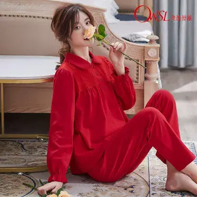 棉结婚睡衣女秋冬季长袖韩版红色高档可外穿套装家居服图片