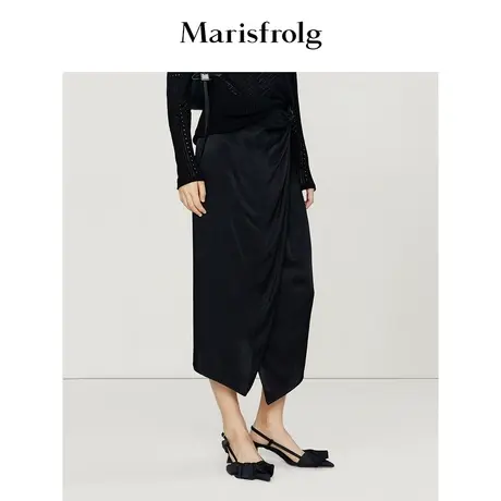 【围裹式半身裙】玛丝菲尔23春季新款黑色腰部褶皱不规则半裙商品大图