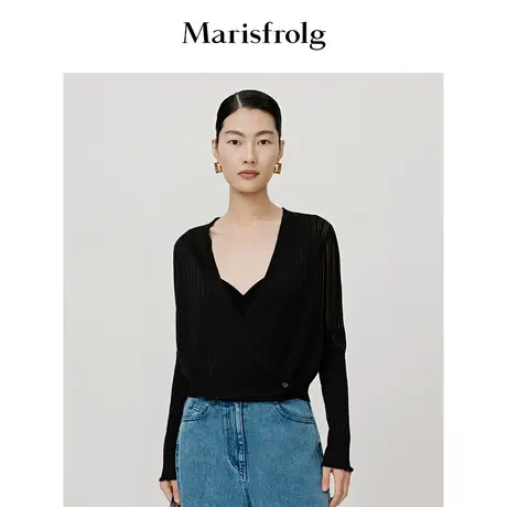 【都市衣橱】玛丝菲尔2023年夏季新款黑色V领轻薄款长袖针织衫女商品大图