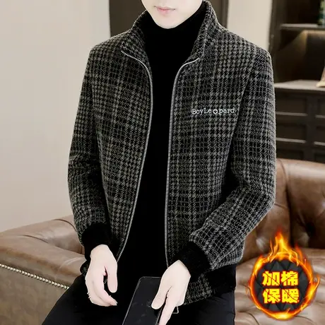 冬季加厚保暖外套男装金貂绒立领短款格子毛呢子大衣加棉时尚夹克商品大图