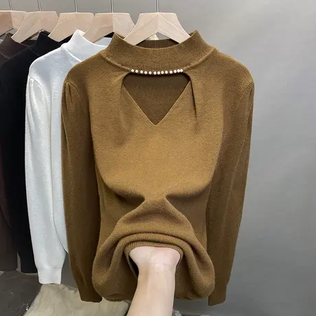 钉珠半高领毛衣女打底衫2025春秋新款泡泡袖针织衫内搭性感上衣潮商品大图
