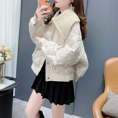 设计感针织拼接翻领棉服外套女2023新款秋冬宽松洋气百搭保暖上衣商品大图