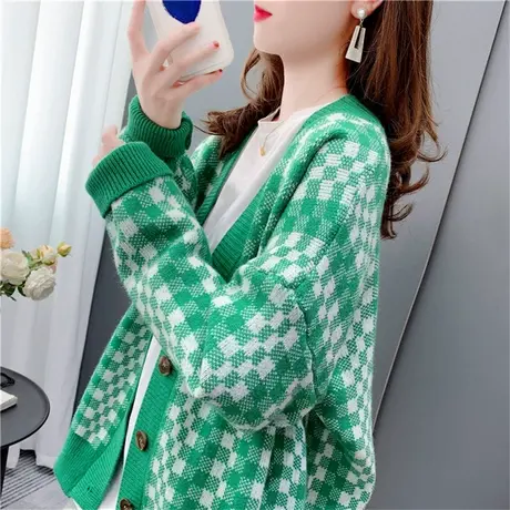 宽松休闲棋盘格子毛衣开衫女秋季2022新款韩版设计感针织外套上衣图片