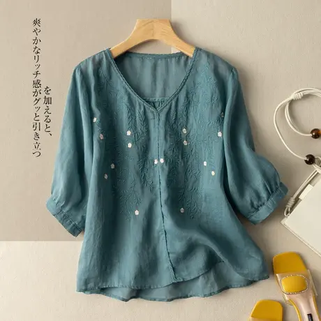 中袖苎麻衬衣女刺绣2022夏季新款薄款棉麻上衣气质宽松漂亮衬衫女图片
