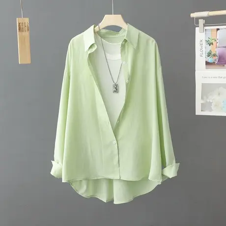 春夏新款中长款宽松长袖衬衫女装气质纯色前短后长薄开衫外套衬衣商品大图
