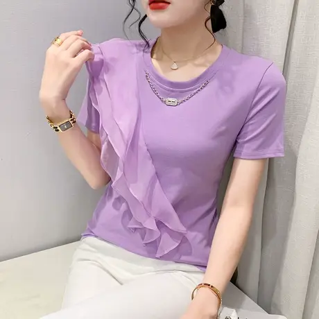 不规则荷叶边T恤女短袖2024夏季新款时尚洋气小衫设计感小众上衣商品大图