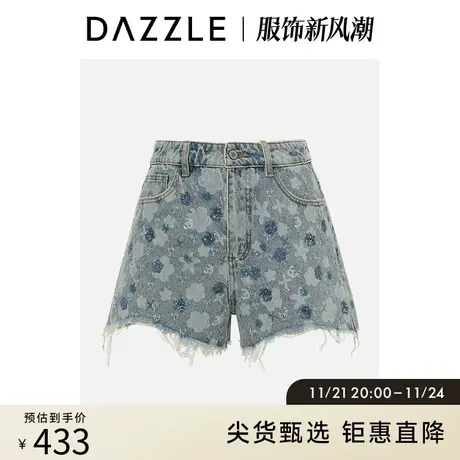 DAZZLE地素奥莱 蓝色复古印花做旧毛边设计牛仔短裤热裤女商品大图