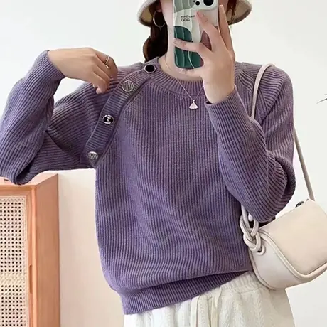 复古小个子套头毛衣韩版斜扣设计感洋气针织衫上衣女2024秋季新款商品大图