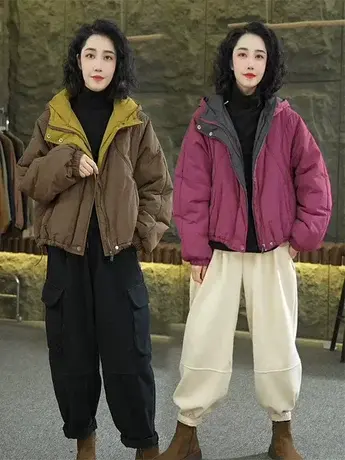 韩版撞色连帽拉链羽绒棉服女秋冬新款高级感宽松加厚保暖外套上衣图片