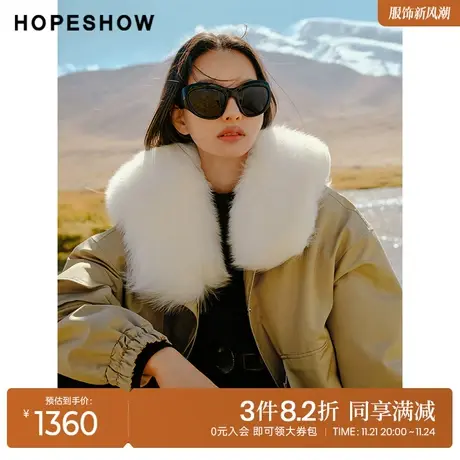 红袖outlets落肩拉链狐狸毛领派克服hopeshow冬短款保暖外套图片
