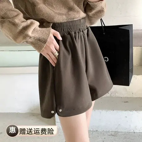 咖啡色松紧高腰毛呢短裤女2023秋冬新款时尚百搭显瘦阔腿靴裤外穿图片