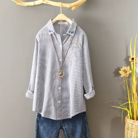 女装刺绣条纹衬衫女长袖百搭春秋宽松文艺纯棉衬衣打底衫上衣寸衫商品大图