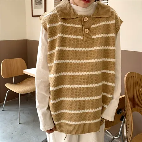 针织马甲女2023年秋冬季新款polo领学院风小个子宽松毛衣背心外套图片