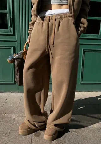 2023秋冬季新款韩版时尚纯色美拉德通勤百搭直筒加绒加厚保暖卫裤商品大图