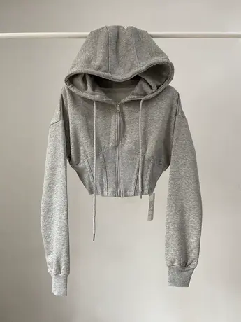 辣妹复古纯色连帽卫衣女欧美秋季超短款收腰露脐长袖开衫上衣外套商品大图