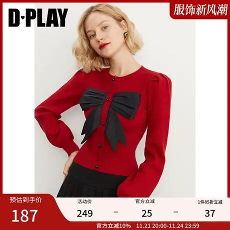DPLAY甜美可爱撞色立体蝴蝶结装饰新年红色毛衣圆领针织衫商品大图