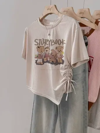 夏季大码女装胖mm显瘦休闲上衣复古慵懒风不规则T恤潮ins抽绳短袖商品大图