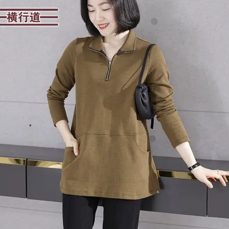 2025春季新款简约纯色翻领拉链口袋中长款长袖T恤女装大码上衣服商品大图