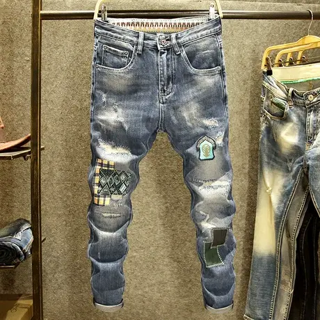 春秋款美式破洞牛仔裤男修身潮牌小脚裤蓝色个性补丁潮流刺绣裤子商品大图