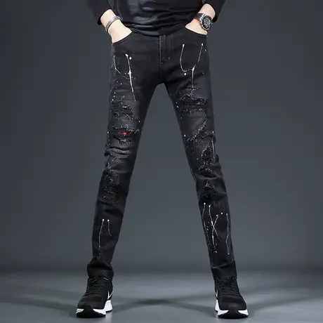 破洞牛仔裤男秋冬泼墨修身小脚2022新款个性潮流补丁男士裤子痞帅商品大图