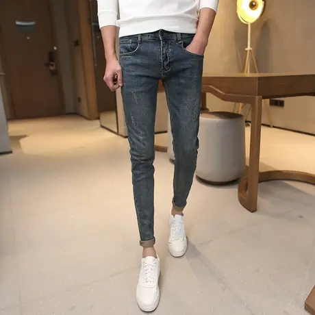 2023四季款猫爪修身小脚牛仔裤男韩版潮流长裤简约百搭蓝色铅笔裤图片