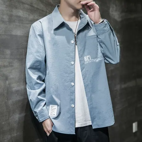 春秋款潮牌排扣长袖衬衫外套春季男款休闲翻领上衣服春天男士衬衣商品大图