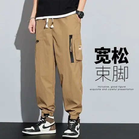 夏季薄款冰丝男生束腿潮牌痞帅休闲裤子夏天男装宽松紧腰美式工装商品大图