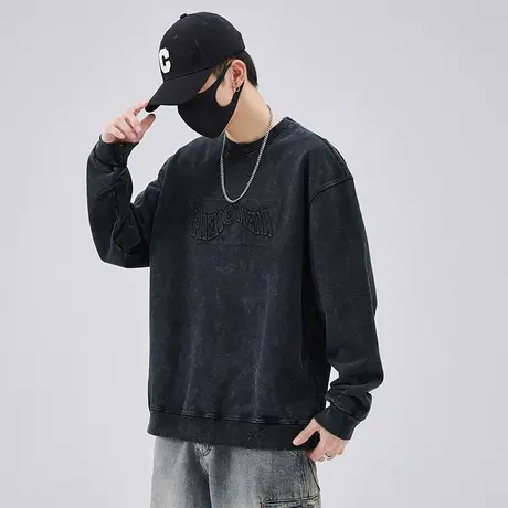 春秋款复古圆领长袖卫衣男士春季宽松潮牌纯棉黑色套头t恤上衣服商品大图