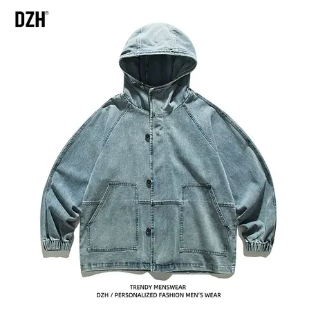 男生牛仔外套男秋季新款美式复古连帽夹克宽松上衣男装2023牛仔衣商品大图