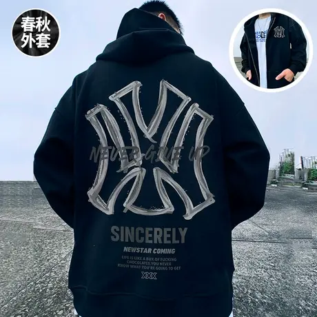 春季潮牌连帽重磅运动开衫大码外套男生国潮美式宽松夹克上衣秋款商品大图