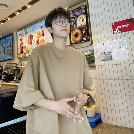 100%纯棉原宿风纯色短袖夏季款t恤男学生ins潮oversize内搭打底衫商品大图