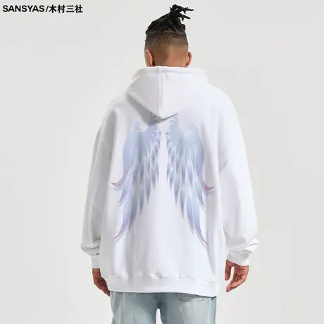 木村三社SANSYAS 翅膀背面印花新款男士卫衣连帽纯棉白色潮牌上衣图片