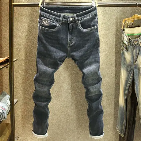 深蓝色抓绒加厚牛仔裤男款修身小脚裤秋冬新款潮流百搭耐磨长裤子商品大图