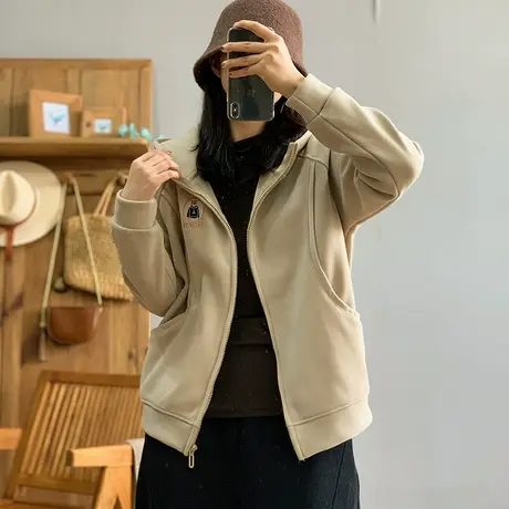 dza 复古双面德绒连帽刺绣加厚短款外套女士冬季宽松休闲保暖上衣图片