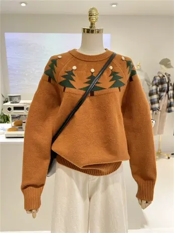 韩系秋冬百搭复古民族风立体圣诞树宽松保暖圆领套头针织毛衣女图片