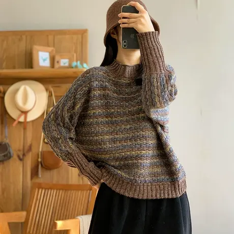 dza 复古宽松半高领粗棉线条纹针织衫女秋冬内搭打底毛衣长袖上衣商品大图