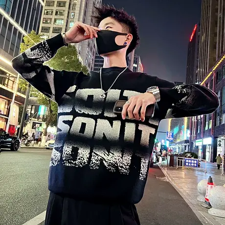 设计感美式渐变印花字母针织毛衣男秋冬2023新款宽松加厚打底线衣图片