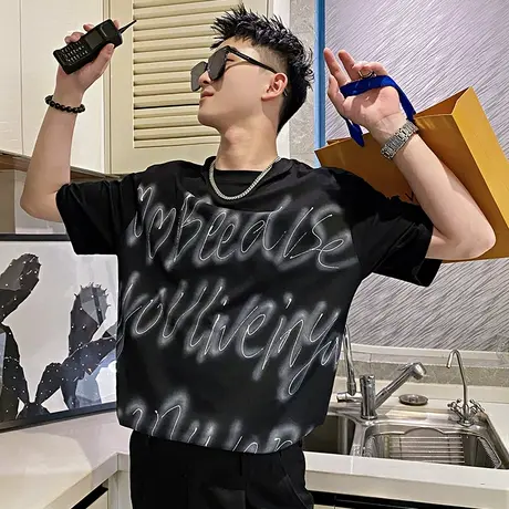 夏季男士t恤打底衫短袖宽松半袖潮流潮牌个性字母设计感高级体恤商品大图