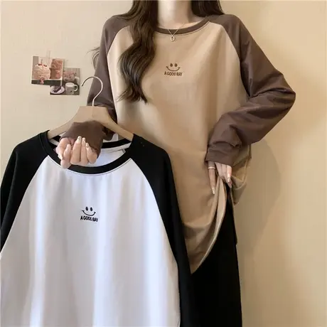 撞色拼接插肩长袖T恤女秋冬宽松中长款德绒打底衫内搭外穿上衣服图片