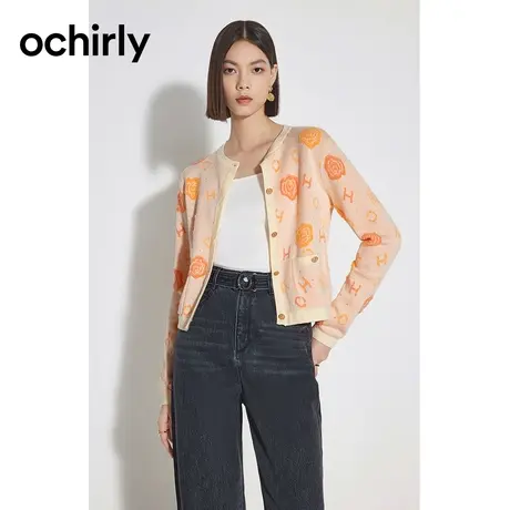 【品牌甄选】欧时力 气质提花针织外套23新款秋装设计感开衫上衣商品大图