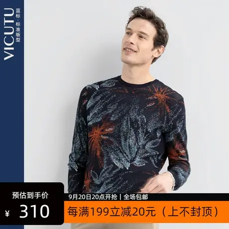 VICUTU/威可多男士长袖针织春秋时尚花纹亲肤棉质圆领套头毛衣图片