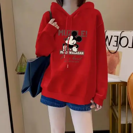 欧货红色卫衣女2024新款慵懒风连帽套头秋冬加绒宽松中长款上衣图片