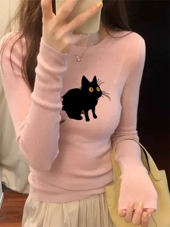 粉色圆领针织打底衫女秋冬修身小个子毛衣内搭今年流行漂亮上衣潮图片