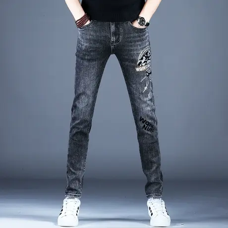 男士灰色烫钻印花牛仔裤男款美式高街裤子潮流痞帅高级感小脚修身商品大图