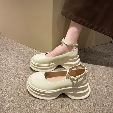 法式玛丽珍鞋2024新款春季女鞋一字带单鞋圆头浅口松糕厚底小皮鞋商品大图